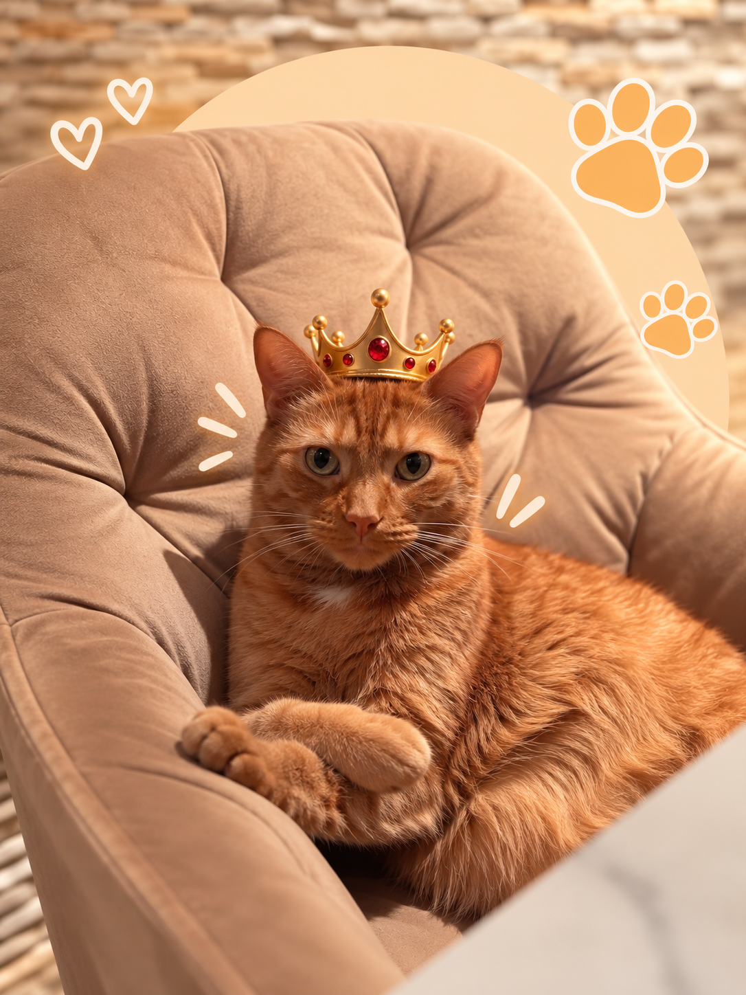 Leo the ginger cat relaxing in his cozy chair wearing a crown