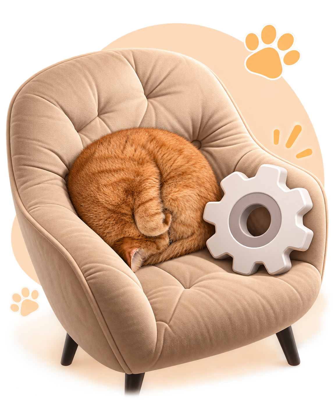 Leo curled up in a cozy chair next to a settings icon
